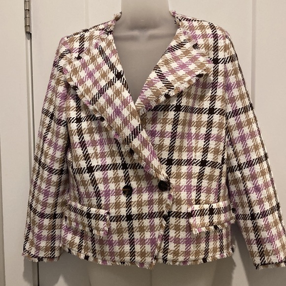 Cutaway Jacket in Houndstooth Fringe Tweed,size-4, pink/brown/cream/pink/,lined - Picture 6 of 12